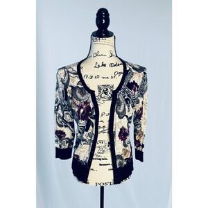 White House Black Market Black White Purple Floral Cardigan Sweater Size Medium